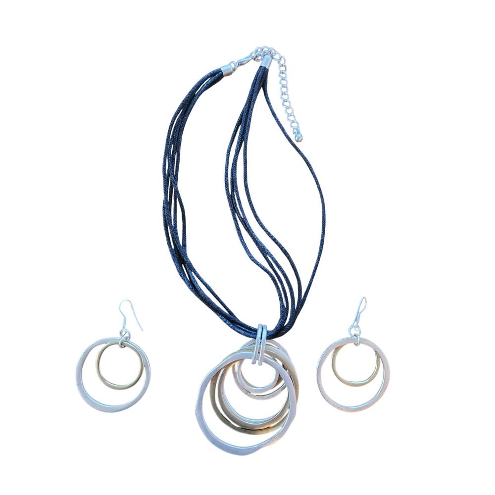 Modernist Silver Tone Circle Necklace & Earring Set Black Cord Geometric Boho